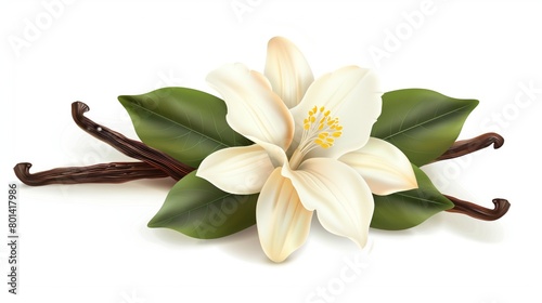 Illustration of a white magnolia flower with large green leaves and vanilla beans on a white background.