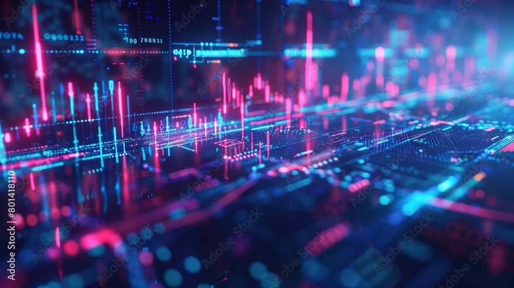 Vibrant digital landscape depicting stock market data on a futuristic interface with dynamic lighting. Vibrant digital landscape depicting stock market data on a futuristic interface with dynamic lighting.