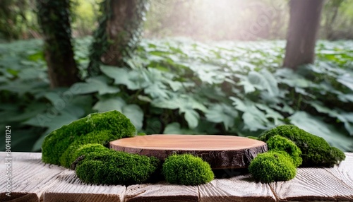 wooden podium tabletop blurs the green backdrop green moss thrives on the aged log stage green podium for nature product display showcase studio lighting generative ai