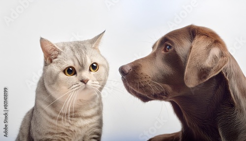 portrait of a funny labrador and a curious cat scottish straight closeup side view isolated on white background