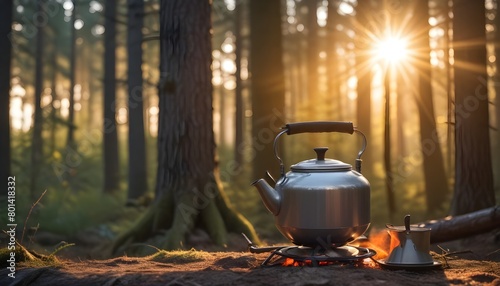 A camping kettle on a portable stove in a forest at sunset, with sunlight filtering through the trees