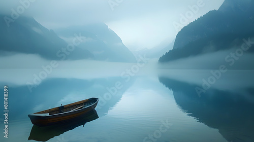 Tranquil Reflections of Mountains and a Lone Boat Amidst Nature's Peaceful Scenery © diowcnx