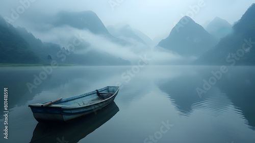 Tranquil Reflections of Mountains and a Lone Boat Amidst Nature's Peaceful Scenery