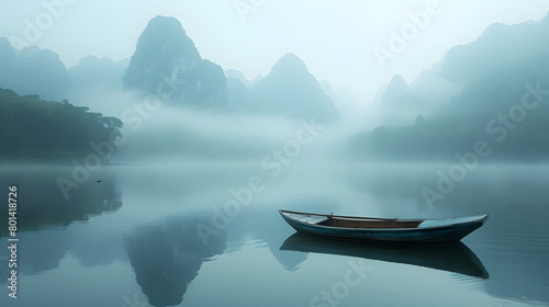 Tranquil Reflections of Mountains and a Lone Boat Amidst Nature's Peaceful Scenery © diowcnx