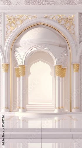 Elegant white and gold Islamic architectural interior with arched doorways and ornate columns.