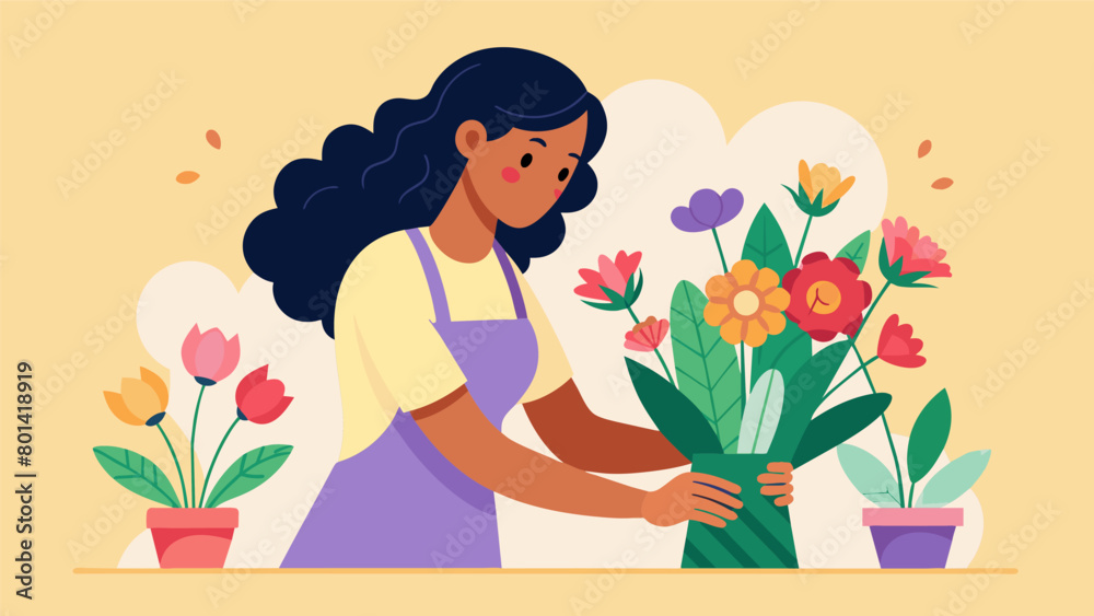 A woman arranges flowers in a beautiful bouquet her side hustle as a florist bringing her joy as she creates stunning arrangements for special A woman arranges flowers in a beautiful bouquet her side hustle as a florist bringing her joy as she creates stunning arrangements for special
