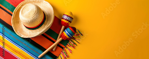 Flat lay banner with straw hat  maracas  colorful mexican fabric on bright yellow background with copy space. Cinco de mayo concept design. Template for Traditional Mexican culture holiday. Fiesta.