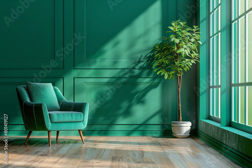 Minimalist green living room interior with a velvet armchair and a potted plant by the window in bright sunlight, casting shadows on the wall.