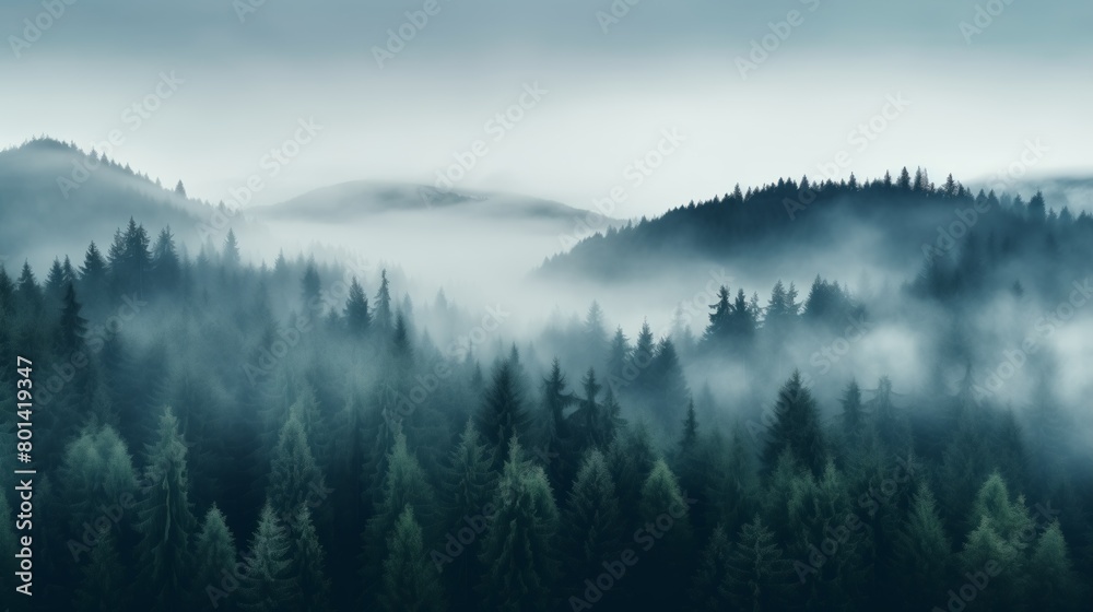 Photograph of a foggy forest. Misty Forest Aerial Photograph with Pine Trees. Foggy, Atmospheric Nature Background