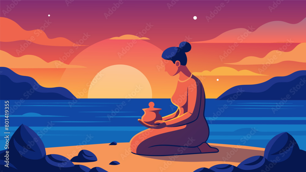 As the sun sets a potter sits quietly on a rocky shoreline her hands molding a clay figurine inspired by the peaceful sounds of the waves..