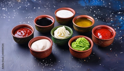 sauces ketchup mustar mayonnaise wasabi soy sauce in clay bowls photo