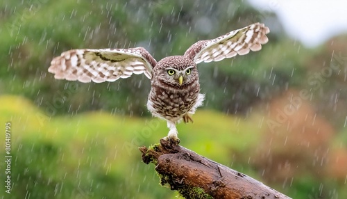 a little owl flying into land on an old branch in the rain