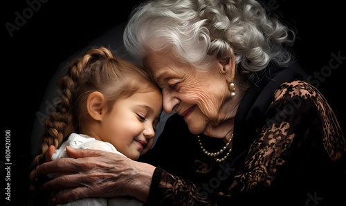Elderly woman gently hugs a young girl, their foreheads touching in a moment of pure kindness and love, beautifully captured against a dark background