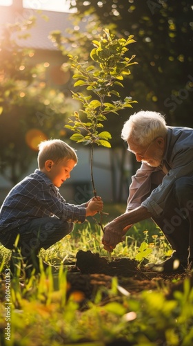 A grandfather with his little grandson is planting a sprout of a green tree, sharing experience and caring with the younger generation