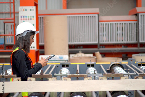 Female engineer checking on a machine in production line.