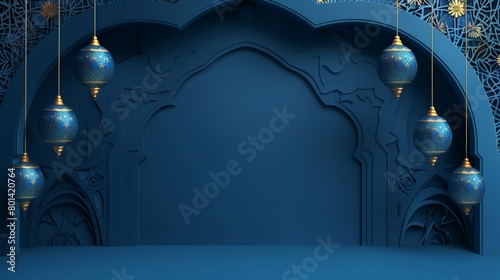 Elegant Islamic-style arch with intricate Arabic patterned background and hanging lanterns in blue tones.