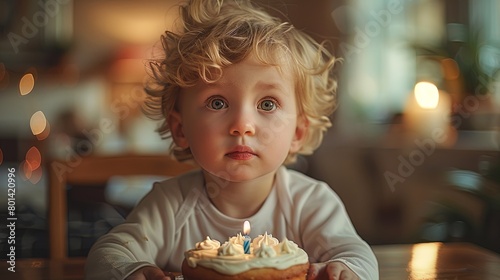 A curious one-year-old sits in front of a birthday cake adorned with a candle shaped like the