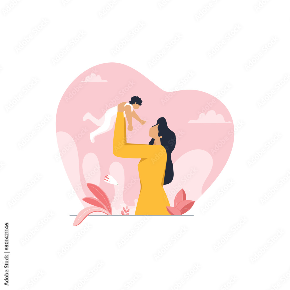 Mother's Day background, Young MOM holding her baby in air, Love care and Motherhood concept Mother's Day background, Young MOM holding her baby in air, Love care and Motherhood concept
