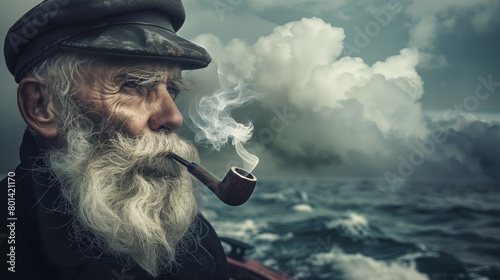 Elderly sea captain with a long white beard smoking a pipe, set against a cloudy, stormy sea background. photo