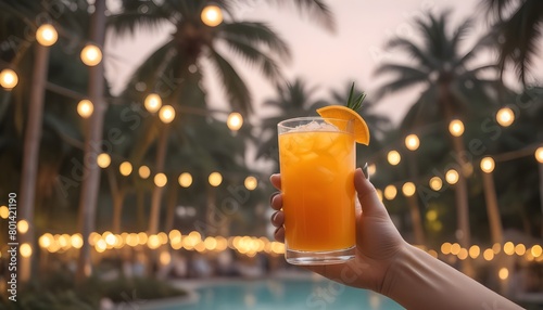 A hand holding a glass of orange cocktail in front of a blurred tropical background with palm trees and string lights © nizar