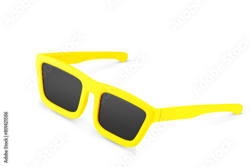 3d cartoon pair of bright yellow sunglasses on plain white background. Sunglasses in classic shape with wide frames and dark lenses. Design element for advertise. Vector illustration 3d render.