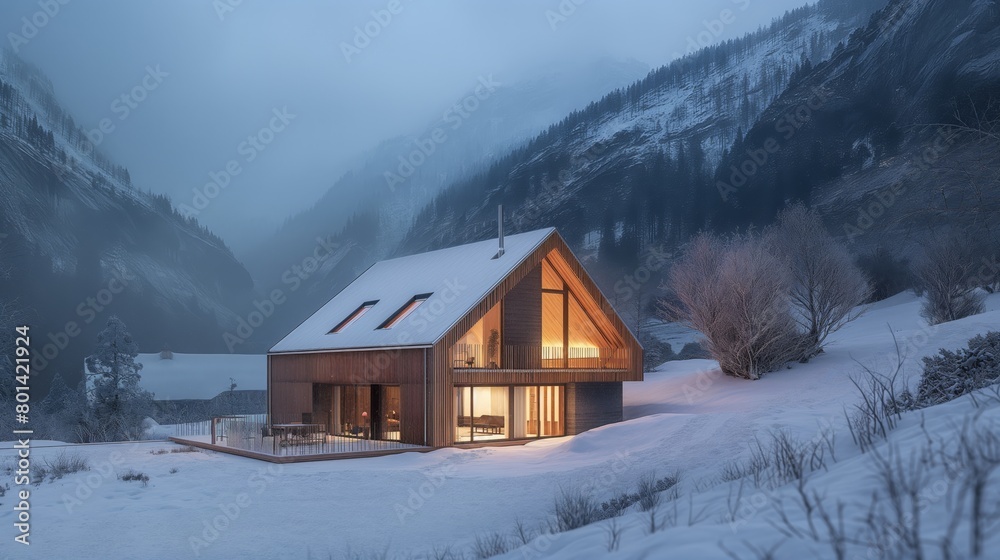 Modern house with large glass windows, nestled in a snowy mountainous region, with a neighboring cabin in the distance. The house has a warm interior lighting, contrasting with the surrounding cold