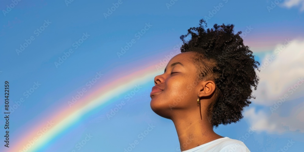 happy young african woman breathing fresh air with rainbow in sky
