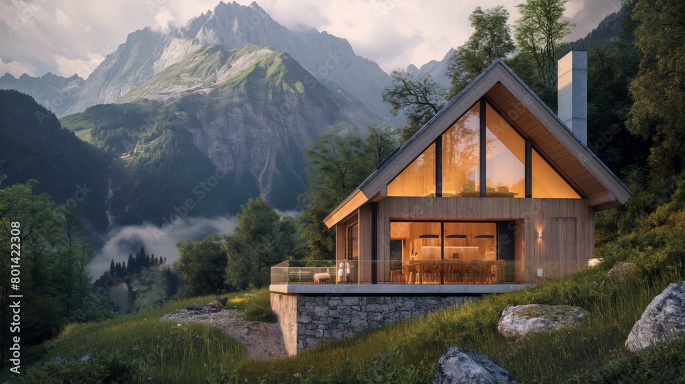 Sustainable house in the mountains. A scenic, rural landscape with a modern house set against a mountainous backdrop. The house's contemporary design contrasts with the natural surroundings