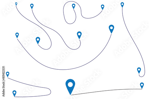 Map and location symbols set. Mapping icon collection. Geolocation map path distance. GPS cartography position. Pinpoint, map search, route, navigator - stock vector