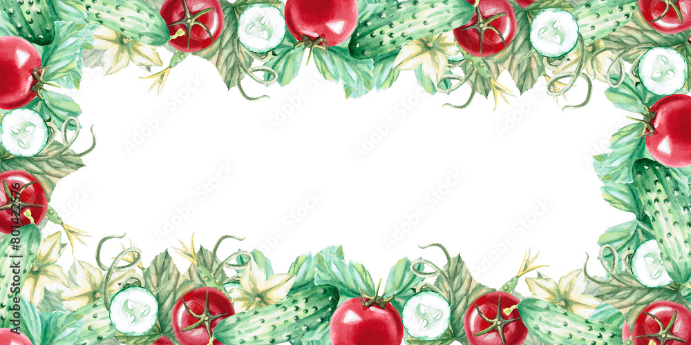 Rectangular frame with red ripe tomato and cucumber in watercolor illustration on a white background. Hand drawn illustration of cucumber and tomato frame for cookbooks, recipes and natural products. Rectangular frame with red ripe tomato and cucumber in watercolor illustration on a white background. Hand drawn illustration of cucumber and tomato frame for cookbooks, recipes and natural products.