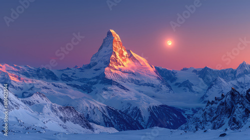 Mtech mountain in the Alps with snow and a pink sunset, the moon shining on top of the peak. Created with AI