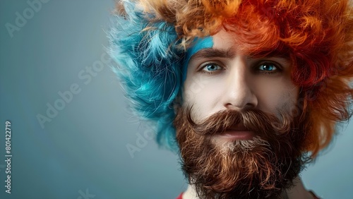 Colorful bearded man in wig with stylish expression advertising barbershop services. Concept Barbershop Promotions  Colorful Beards  Stylish Wigs  Men s Fashion Trends  Creative Marketing Ideas