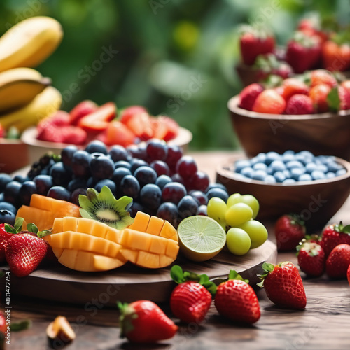 fresh fruits of varied colors such as red berries  strawberries and blueberries  exotic fruits such as lime  mango and kiwi  bananas  white grapes and black grapes  fresh fruits  mango