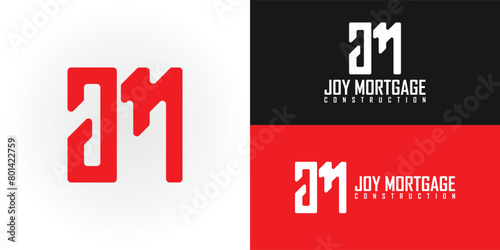 Abstract initial letter JM or MJ logo in red color isolated on multiple background colors. The logo is suitable for real estate and construction company icon logo design inspiration templates.