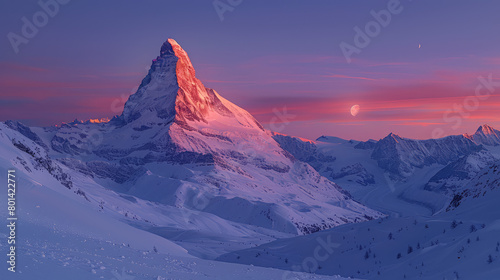 A panoramic view of the iconic peak, glowing under soft pink and purple hues as it rises above snow-covered peaks in Zermatt, Switzerland. Created with Ai