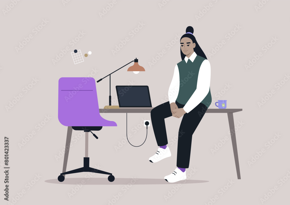 Serene Afternoon Pause in a Modern Home Office, A person reflects calmly, seated on a desk flanked by a laptop and desk lamp Serene Afternoon Pause in a Modern Home Office, A person reflects calmly, seated on a desk flanked by a laptop and desk lamp