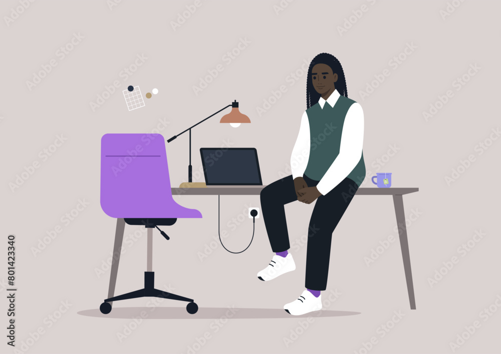 Serene Afternoon Pause in a Modern Home Office, A person reflects calmly, seated on a desk flanked by a laptop and desk lamp Serene Afternoon Pause in a Modern Home Office, A person reflects calmly, seated on a desk flanked by a laptop and desk lamp
