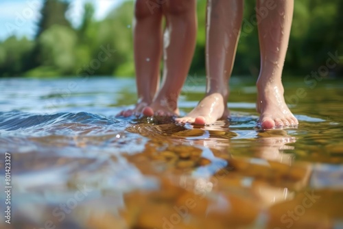 Top view of children s feet relaxing in a lake on a hot summer day