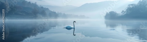 A swan is swimming in a lake with a cloudy sky in the background photo