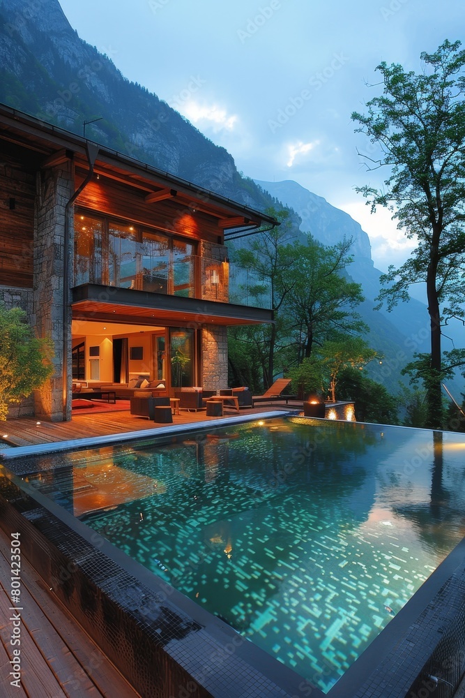 A large house with a pool and a mountain in the background