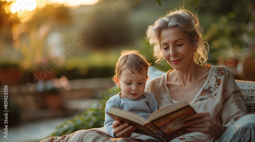At Sunset: Grandmother Reading a Book or Story to her Toddler Grandchild on her Lap, on the Terrace of their Home overlooking the Costa Brava photo