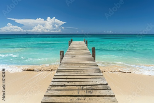 Wooden pier stretching into azure water on beach  merging with horizon