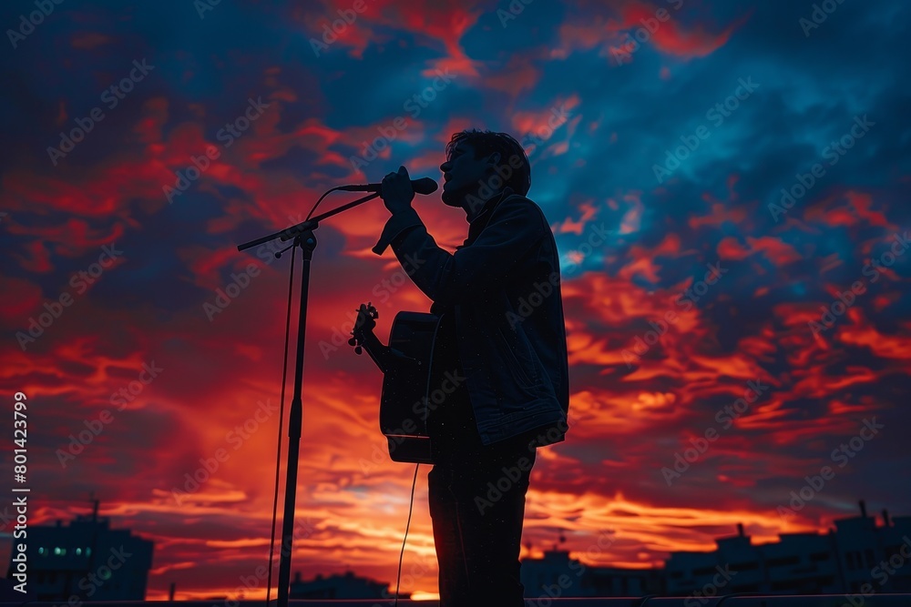 A man singing into a microphone in front of a sunset