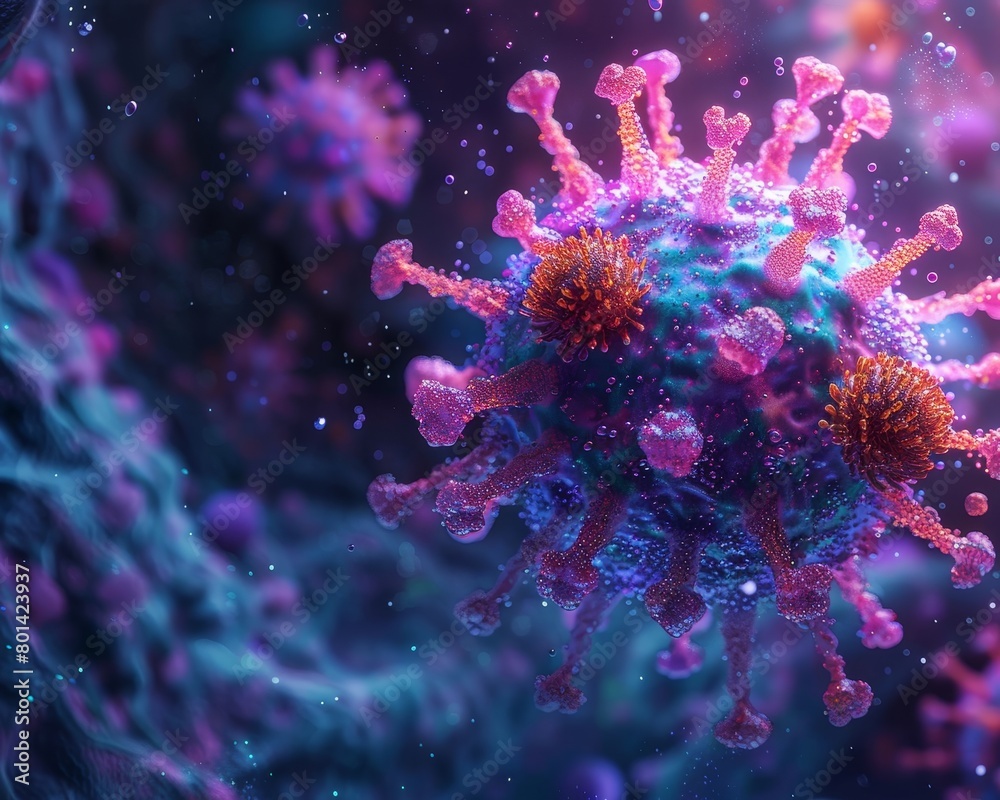 A virus is shown in a purple and green color A virus is shown in a purple and green color