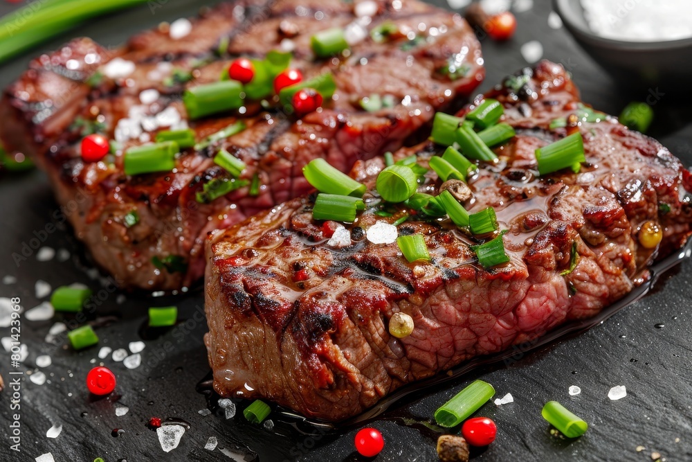 Grilled beef steak garnished with pepper, chives and fresh sea salt