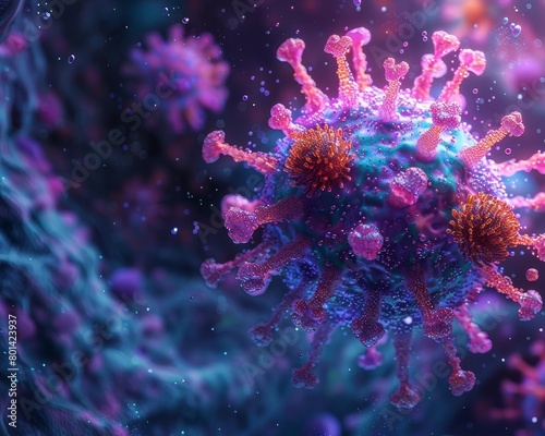 A virus is shown in a purple and green color