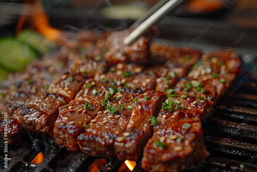 Close-Up Shot of Grilled Beef with Tongs, Hot Coals, and Flames. High-Resolution Photography Highlighting Skin Texture and Detail.