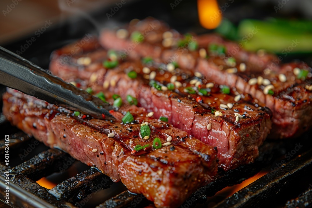 Close-Up Shot of Grilled Beef with Tongs, Hot Coals, and Flames. High-Resolution Photography Highlighting Skin Texture and Detail.