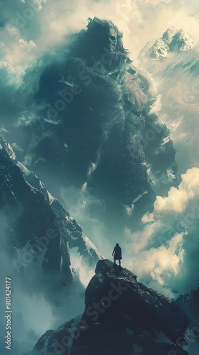 A person stands on a mountain top, looking out over a vast, misty landscape