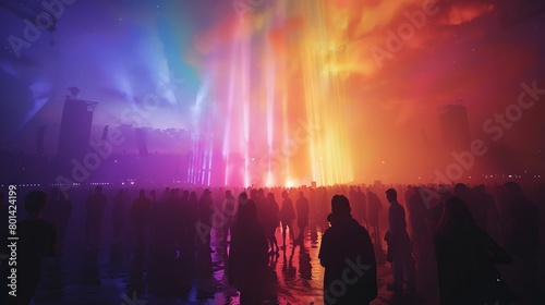 A crowd of people are standing in front of a colorful light show